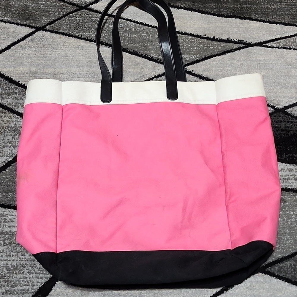 VICTORIA SECRET 2014 LARGE PINK CANVAS FAUX-LEATHER STRAPS COATED TOTE-BAG - Picture 7 of 12